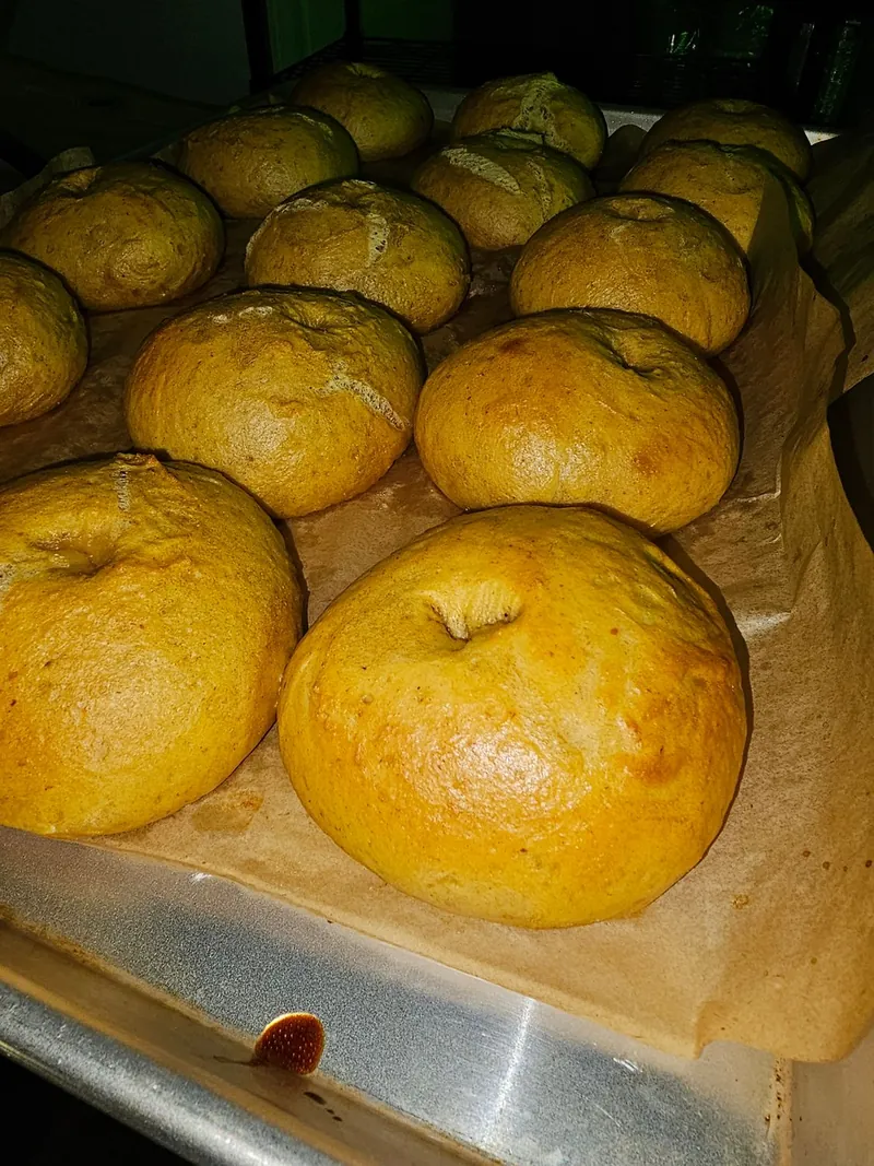 A sheet pan of golden sourdough bagels on parchment